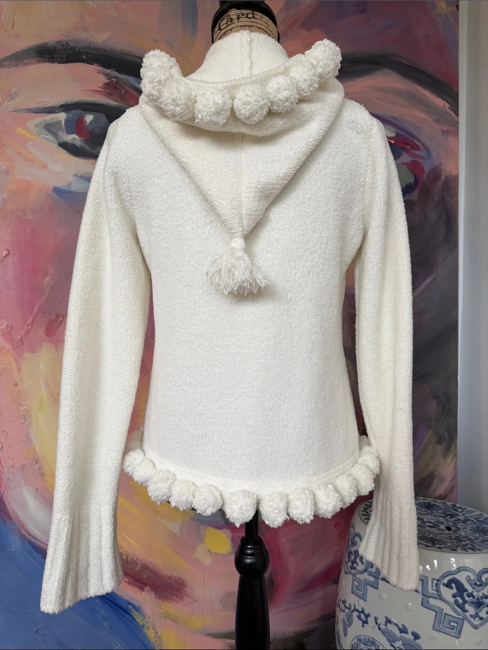 GAP Girl’s XXL Cream Bouclé Hooded Jacket with Pom Trim